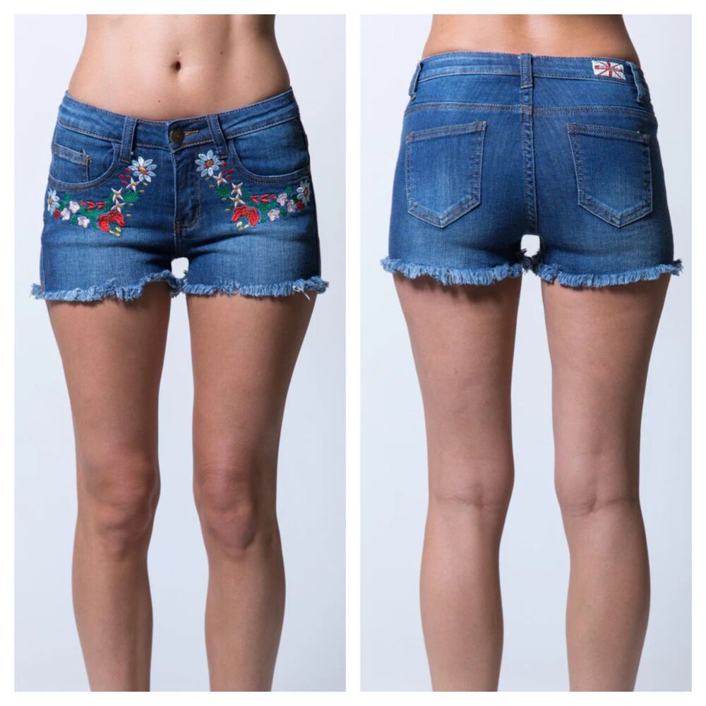 Machine Denim Shorts Women’s Size 30 Floral Embroidered Frayed Mini Cut Off